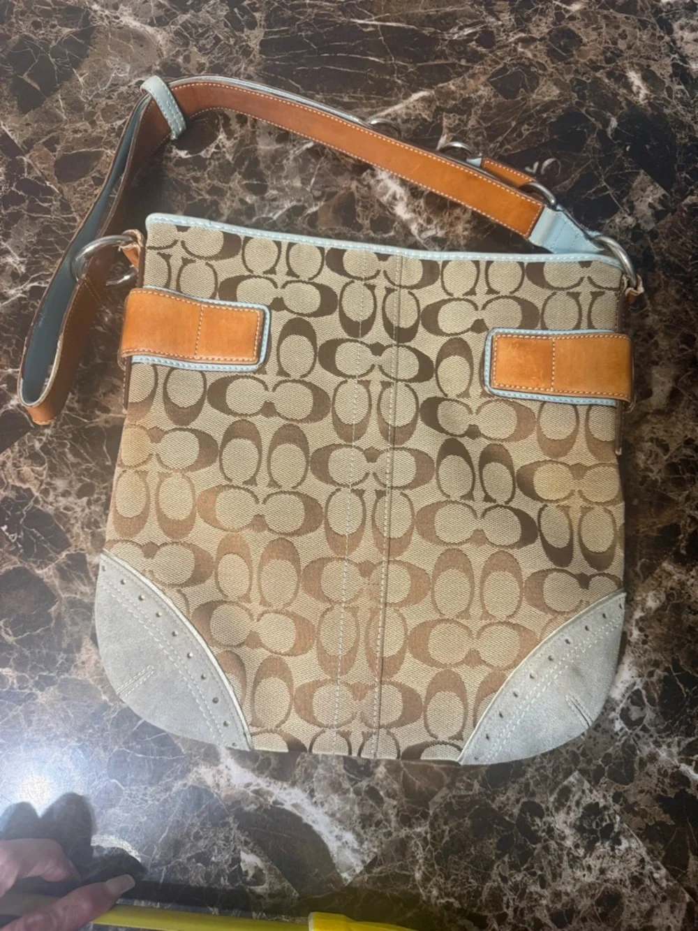 Coach Soho Signature Shoulder Bag Y2K 2006 Buckle Canvas Blue Trim